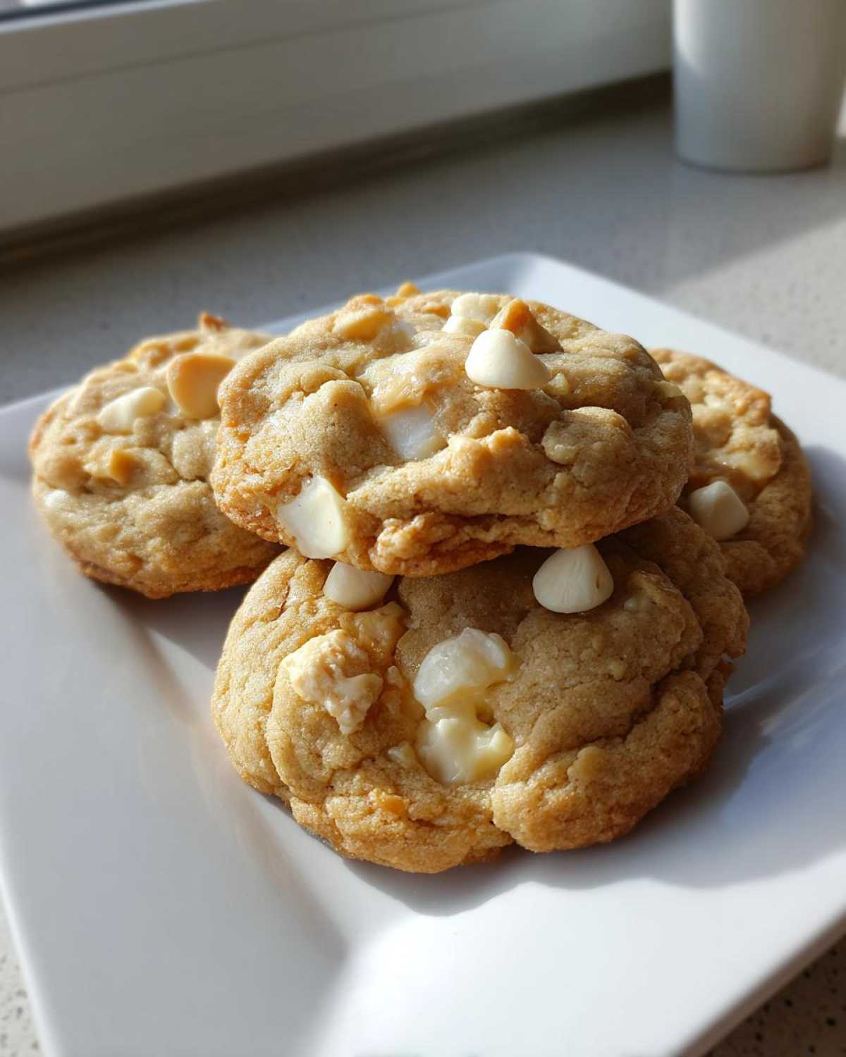 A stack of three chewy white chocolate macadamia nut cookies with visible white chocolate chips on a white plate.