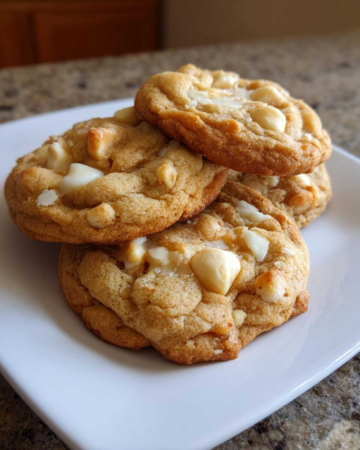 A stack of four chewy white chocolate macadamia nut cookies piled on a white square plate.