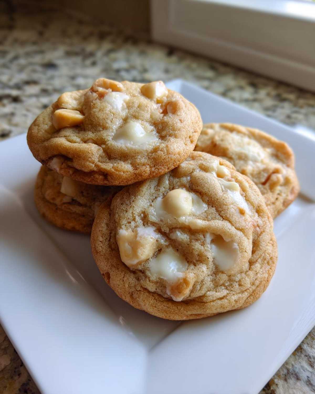 A stack of three chewy white chocolate macadamia nut cookies featuring melted white chocolate chips and visible nuts on a square white plate.
