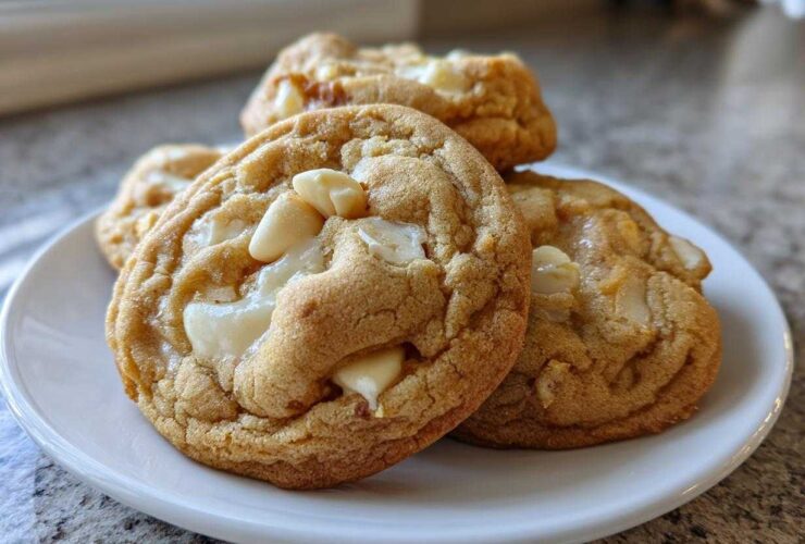 Close-up of chewy white chocolate macadamia nut cookies stacked on a white plate.