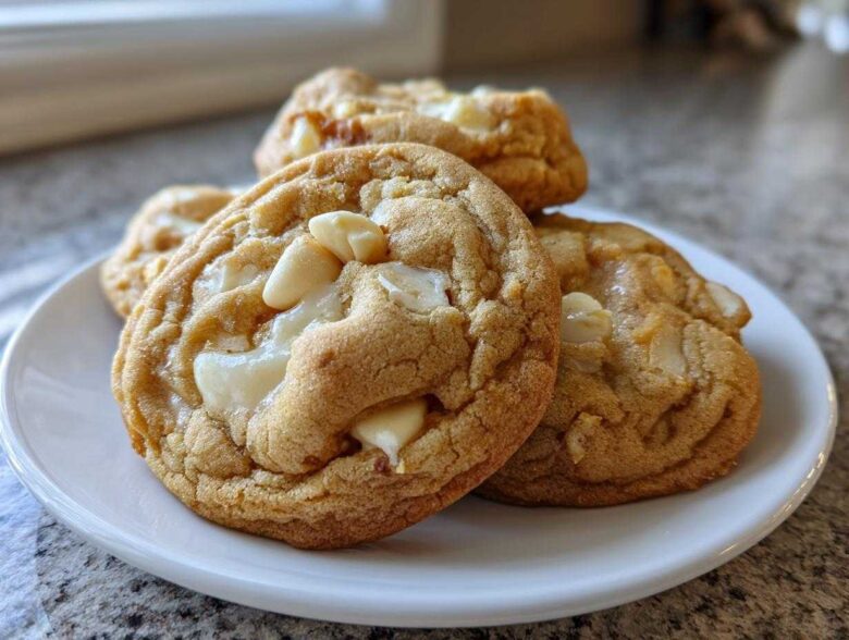 Close-up of chewy white chocolate macadamia nut cookies stacked on a white plate.