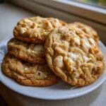 A close-up stack of chewy white chocolate macadamia nut cookies on a white plate.