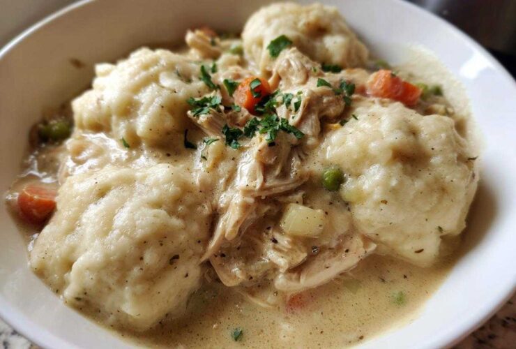 A close-up of a white bowl filled with creamy chicken and dumplings, topped with fresh parsley.