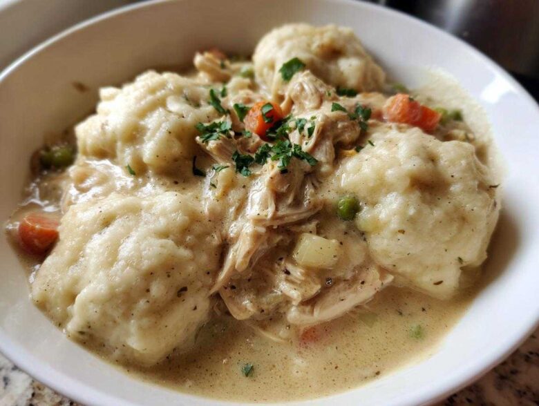 A close-up of a white bowl filled with creamy chicken and dumplings, topped with fresh parsley.