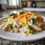 A close-up serving of creamy chicken broccoli rice casserole topped with melted cheddar cheese.