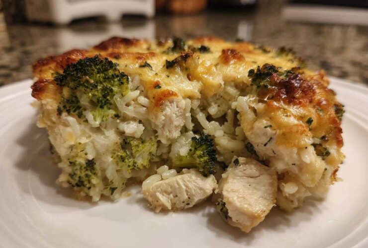 A close-up serving of creamy chicken broccoli rice casserole topped with melted, browned cheese.