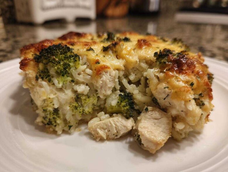 A close-up serving of creamy chicken broccoli rice casserole topped with melted, browned cheese.