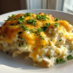 A close-up of a serving of creamy chicken cauliflower rice casserole topped with melted cheddar cheese and fresh parsley.
