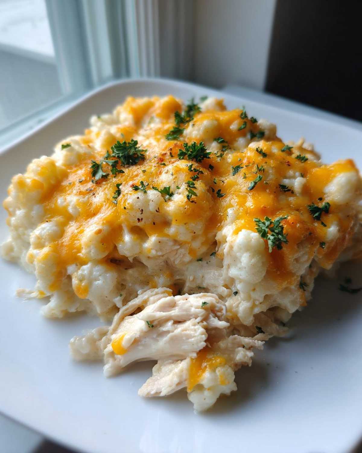 A close-up serving of creamy chicken cauliflower rice casserole topped with melted cheddar cheese and fresh parsley.