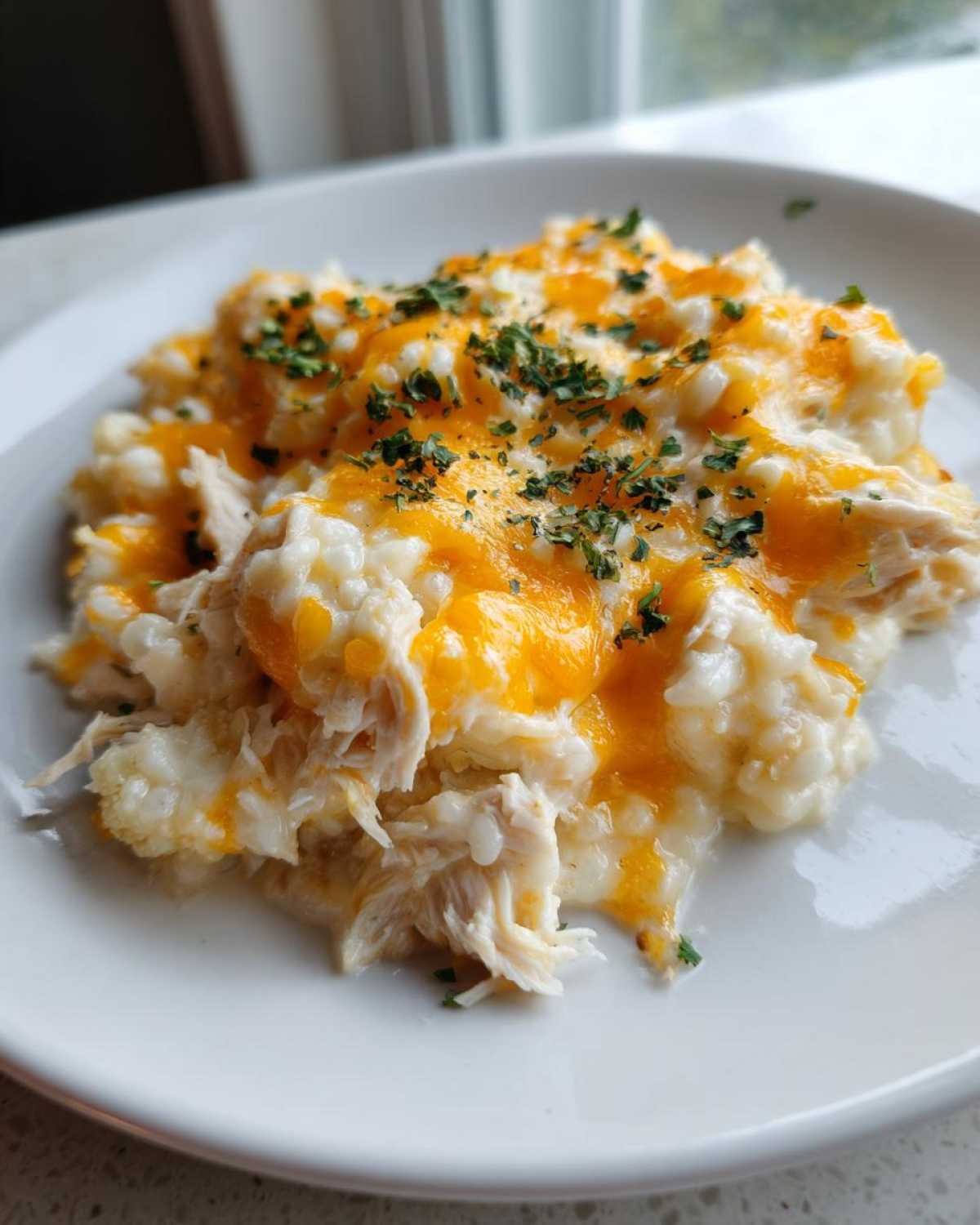 A scoop of creamy chicken cauliflower rice casserole topped with melted cheddar cheese and fresh parsley.
