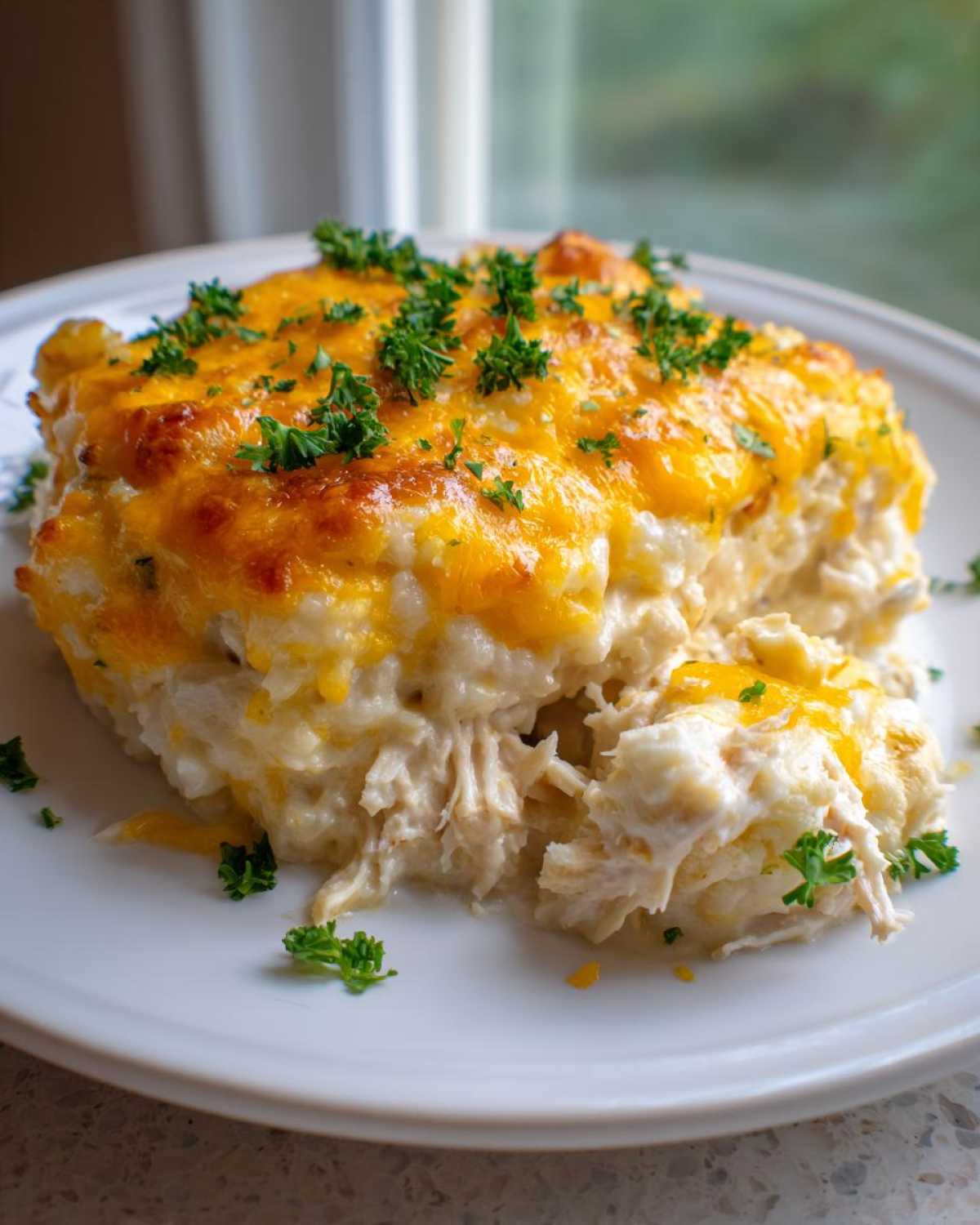 A close-up of a scoop of creamy chicken cauliflower rice casserole topped with melted cheddar cheese and fresh parsley.