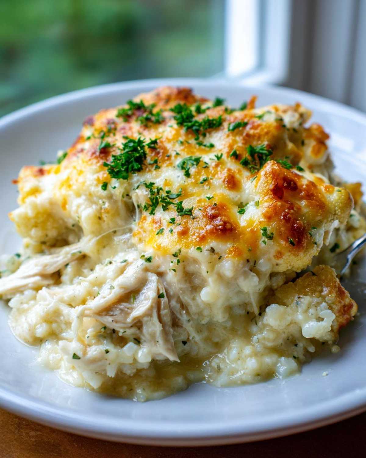 A close-up of a serving of creamy chicken cauliflower rice casserole topped with melted, browned cheese and fresh parsley.