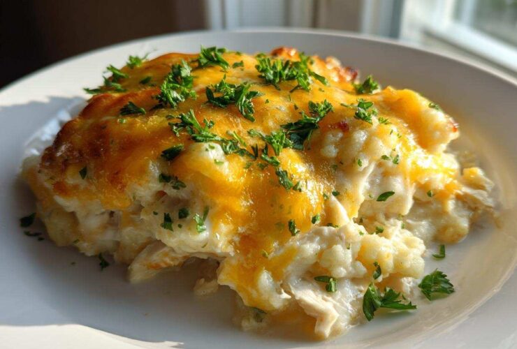 A close-up of a serving of creamy chicken cauliflower rice casserole topped with melted cheddar cheese and fresh parsley.