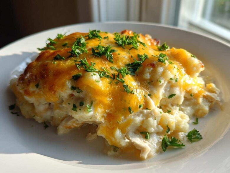 A close-up of a serving of creamy chicken cauliflower rice casserole topped with melted cheddar cheese and fresh parsley.