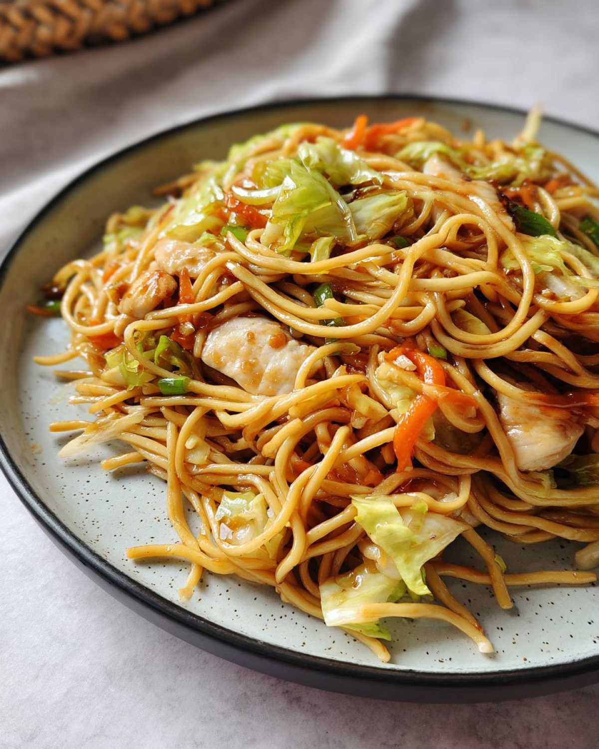 Close-up of a serving of chicken chow mein recipe featuring noodles, white chicken pieces, cabbage, and carrots.