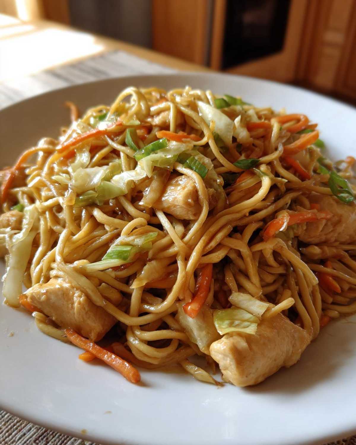 Close-up of a white plate filled with saucy chicken chow mein recipe, featuring noodles, chicken chunks, carrots, and cabbage.