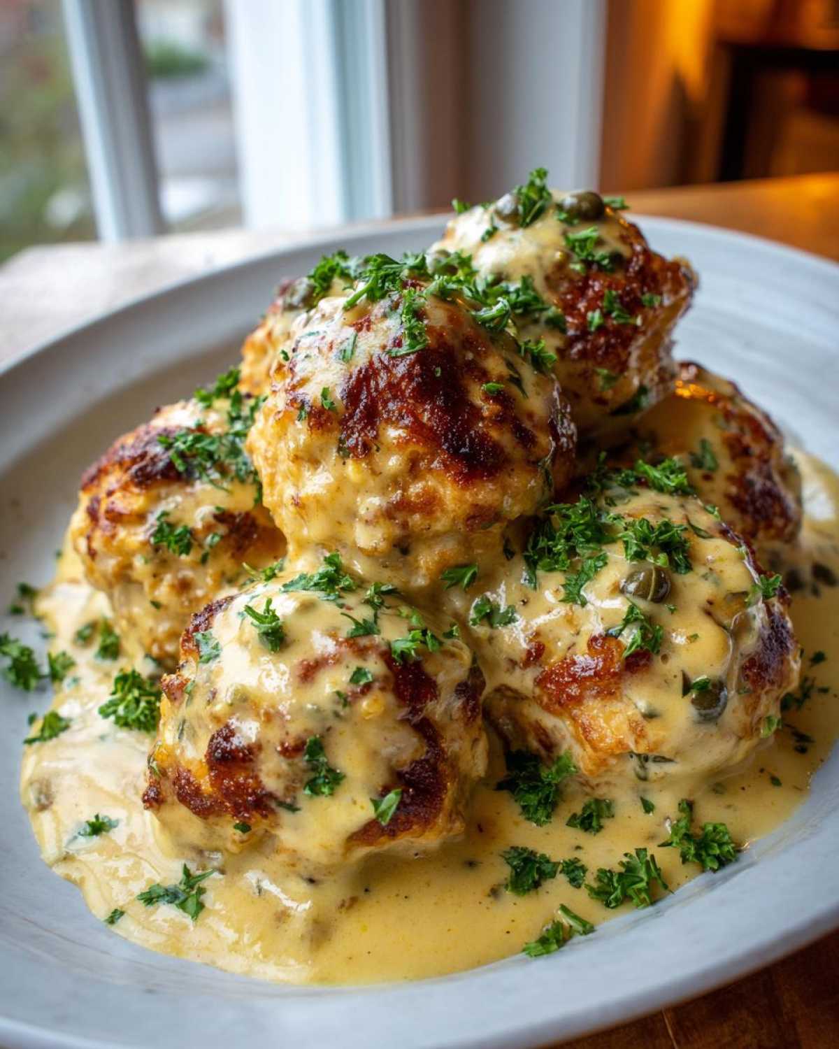 A close-up of several golden-brown chicken piccata meatballs covered in a creamy lemon-caper sauce and fresh parsley.