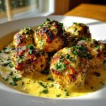 Five browned chicken piccata meatballs swimming in a creamy lemon-caper sauce and topped with fresh parsley.