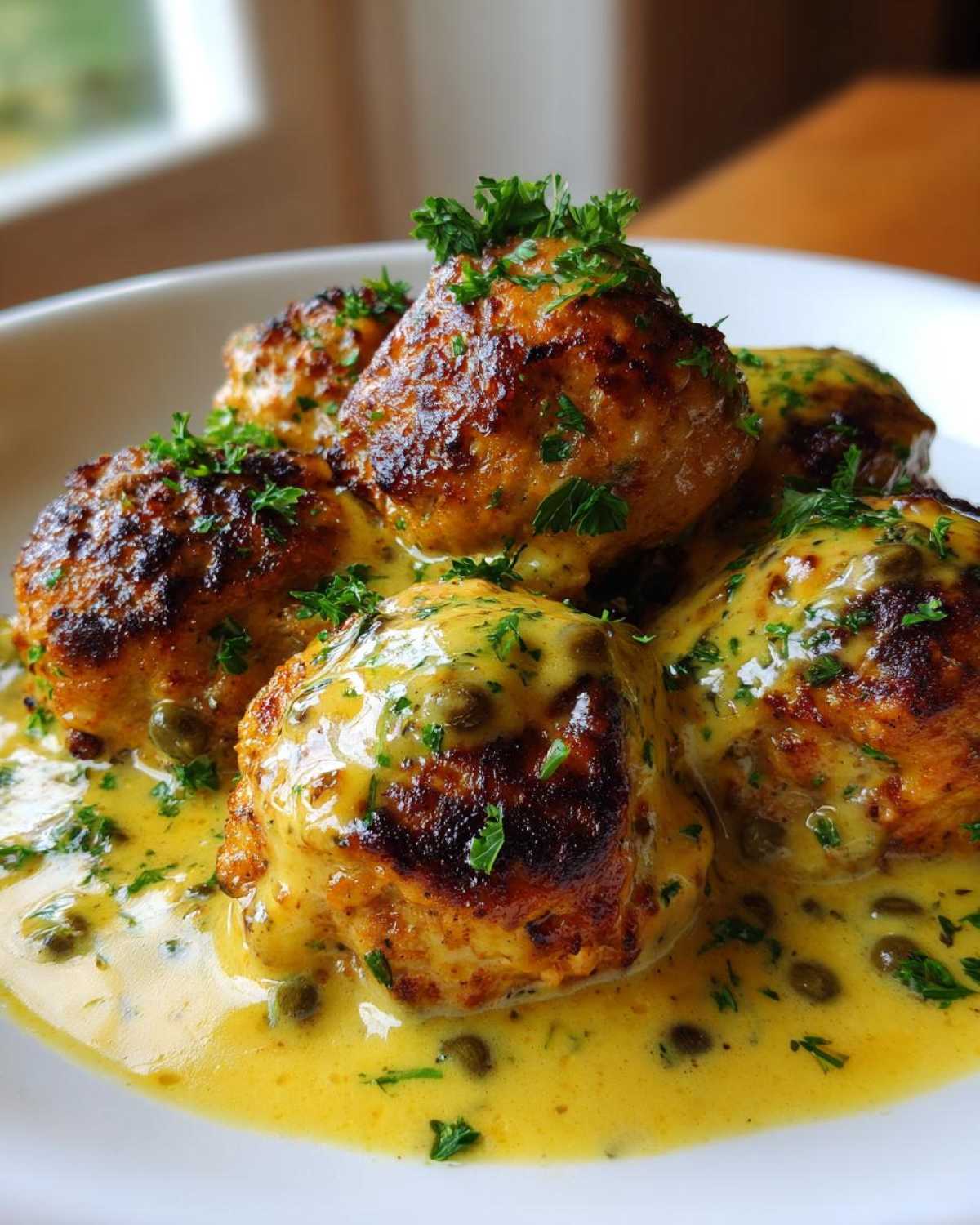 Close-up of browned chicken piccata meatballs smothered in a creamy lemon sauce with capers and fresh parsley.