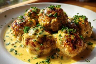 Close-up of browned chicken piccata meatballs covered in a creamy lemon-caper sauce and fresh parsley.