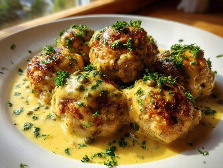 Close-up of browned chicken piccata meatballs covered in a creamy lemon-caper sauce and fresh parsley.