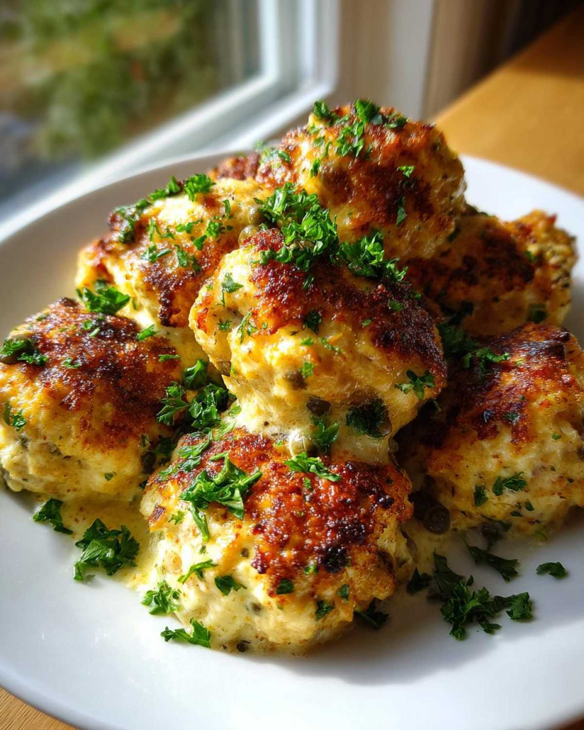 A plate of golden-brown chicken piccata meatballs covered in a creamy lemon-caper sauce and fresh parsley.