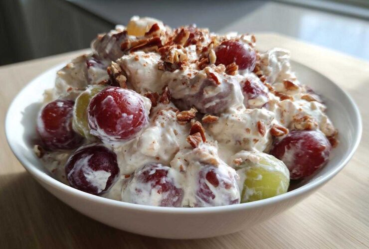 A white bowl filled with creamy chicken salad chick grape salad, topped with chopped pecans.