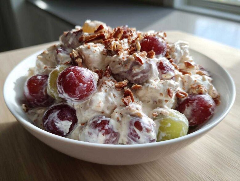 A white bowl filled with creamy chicken salad chick grape salad, topped with chopped pecans.