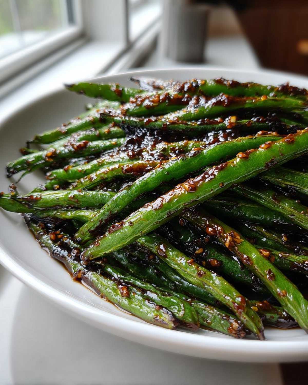 A white bowl filled with vibrant green beans coated in a dark, glossy chinese green beans with garlic sauce.