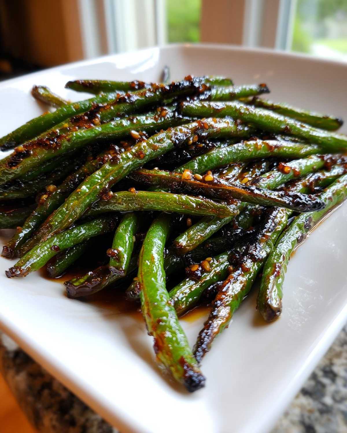 A close-up of bright green, blistered chinese green beans with garlic sauce served on a white square plate.