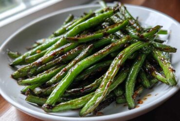 A close-up of glossy, blistered chinese green beans with garlic sauce served in a white bowl.