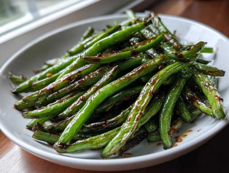 A close-up of glossy, blistered chinese green beans with garlic sauce served in a white bowl.