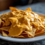 A close-up shot of tortilla chips piled high on a white plate, generously covered in thick, melted nacho cheese sauce.
