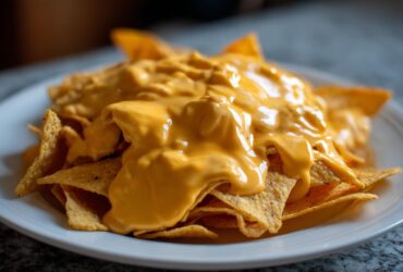 A close-up shot of tortilla chips piled high on a white plate, generously covered in thick, melted nacho cheese sauce.
