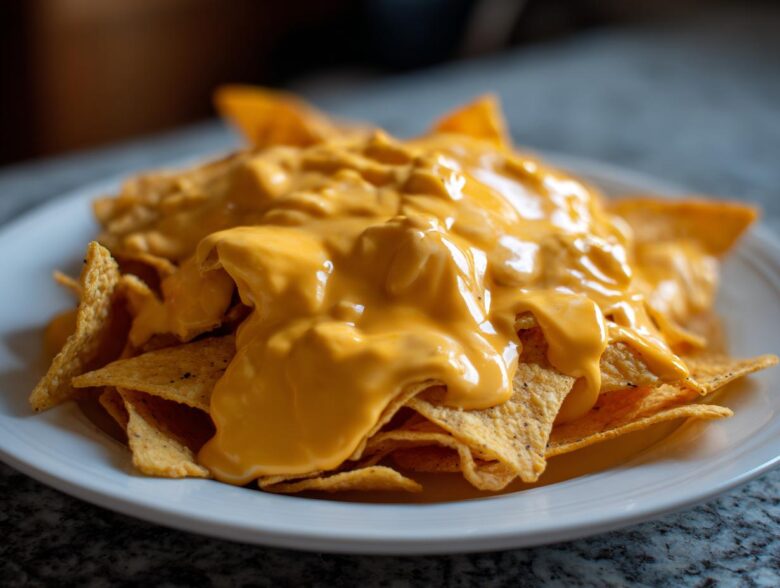 A close-up shot of tortilla chips piled high on a white plate, generously covered in thick, melted nacho cheese sauce.