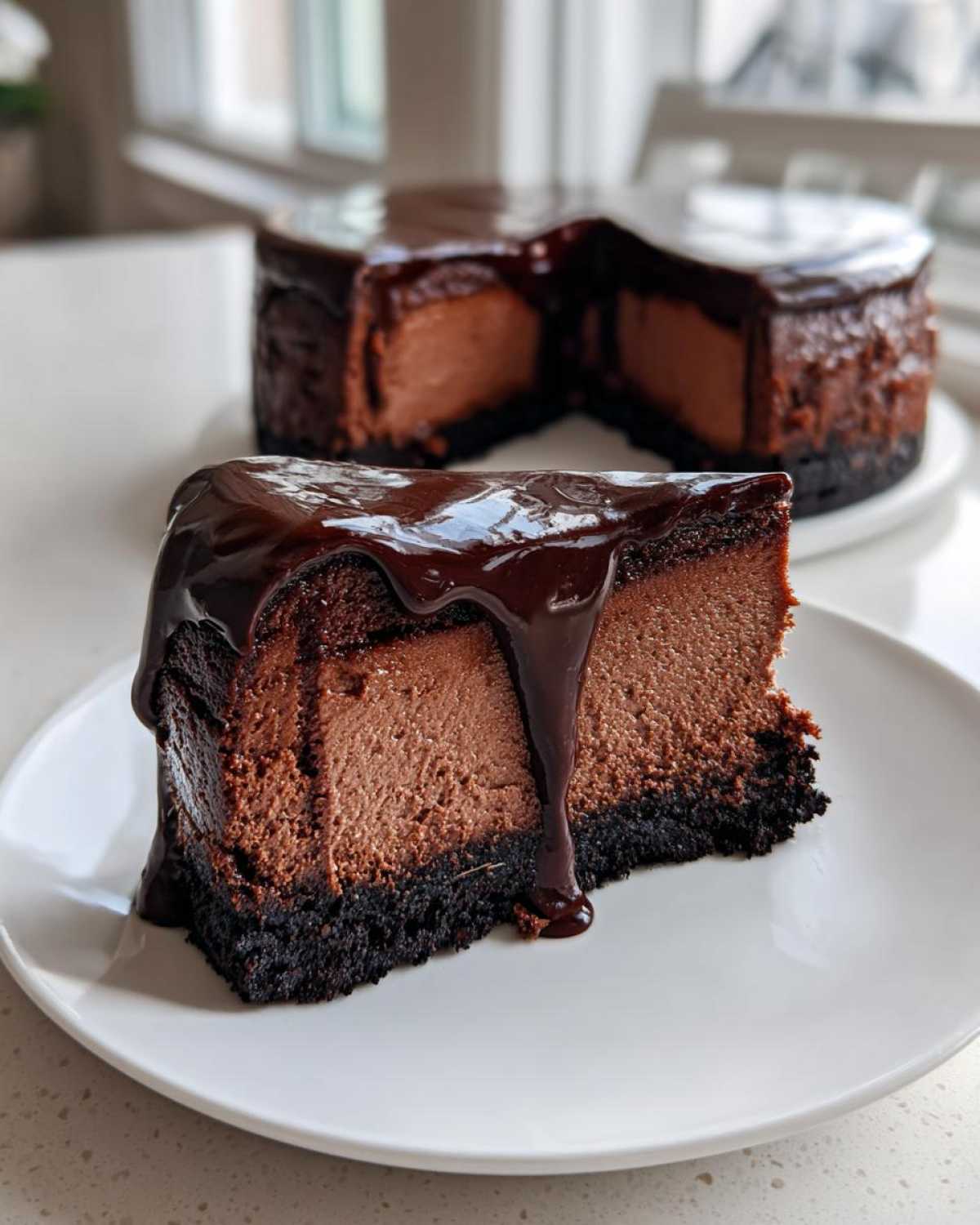 A decadent slice of chocolate cheesecake with a thick, dark chocolate ganache dripping down the side, whole cake in background.