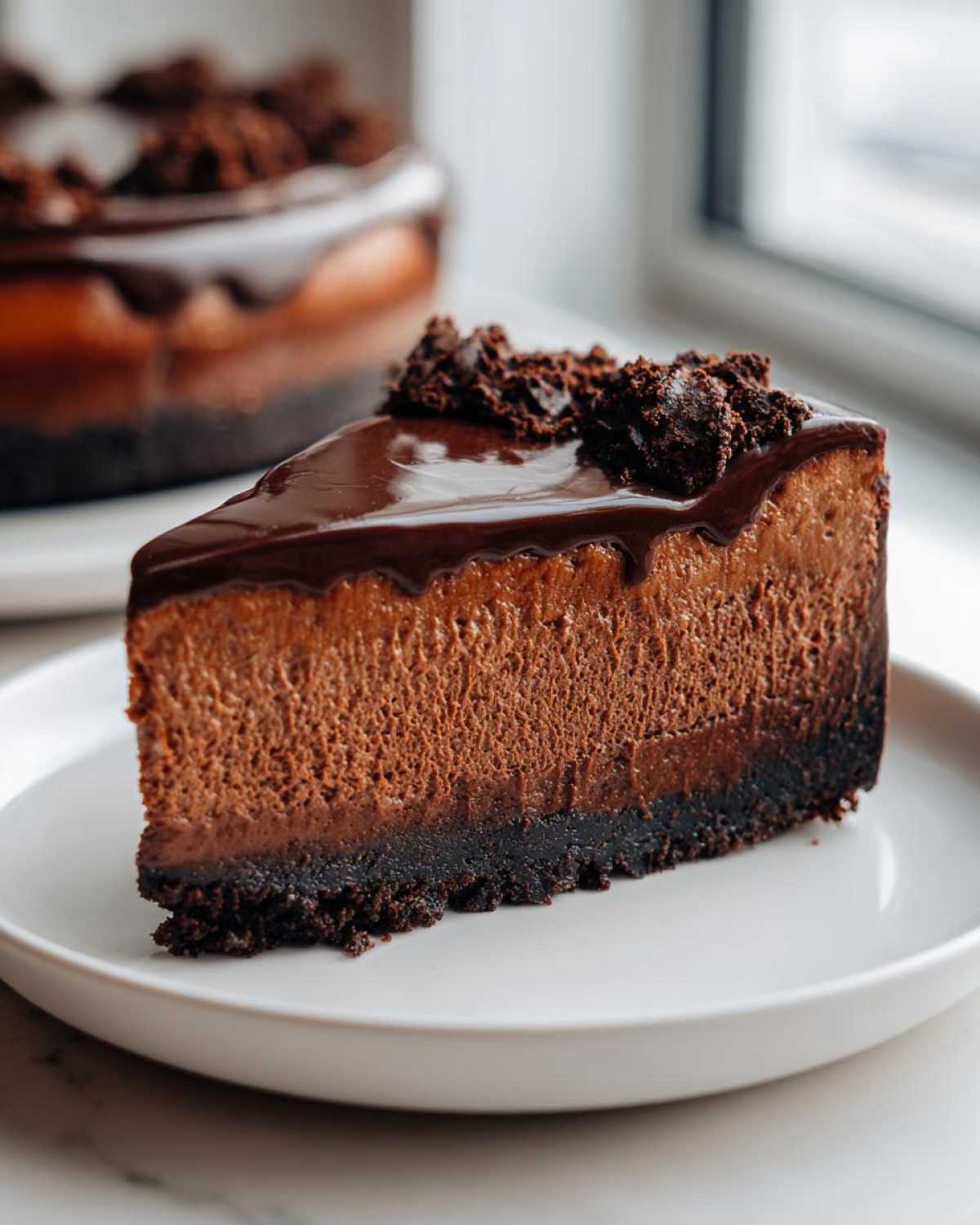 A decadent slice of chocolate cheesecake with a thick, dark crust, rich filling, chocolate ganache drip, and crumbled topping.