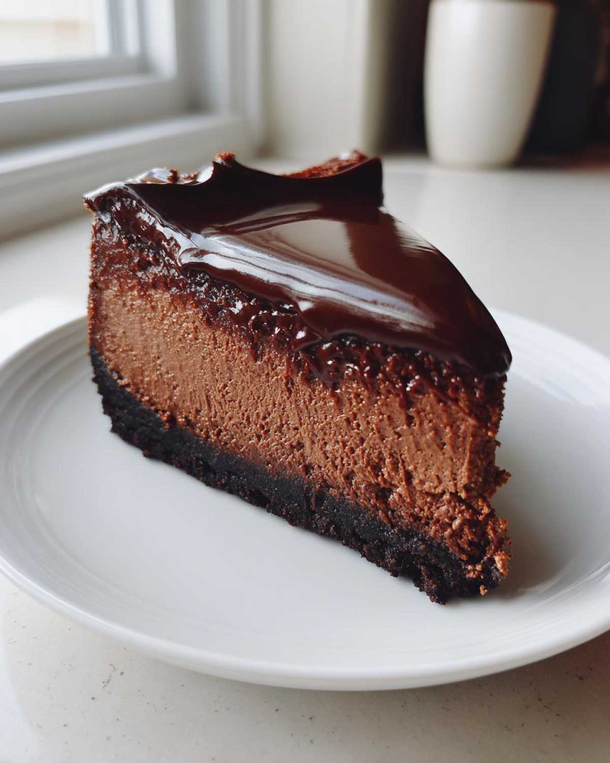A decadent slice of chocolate cheesecake with a dark crust and glossy chocolate ganache topping.