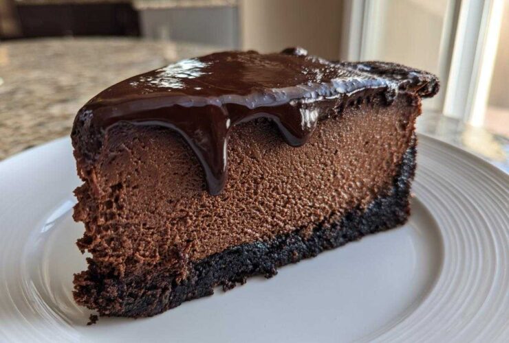 A decadent slice of rich chocolate cheesecake with a dark chocolate crust and glossy ganache topping.