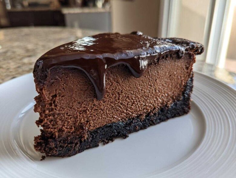 A decadent slice of rich chocolate cheesecake with a dark chocolate crust and glossy ganache topping.