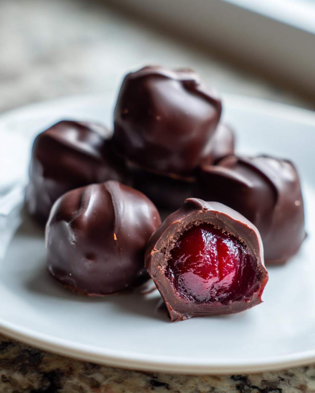 Close-up of homemade chocolate covered cherries, one cut open showing the juicy red cherry inside.