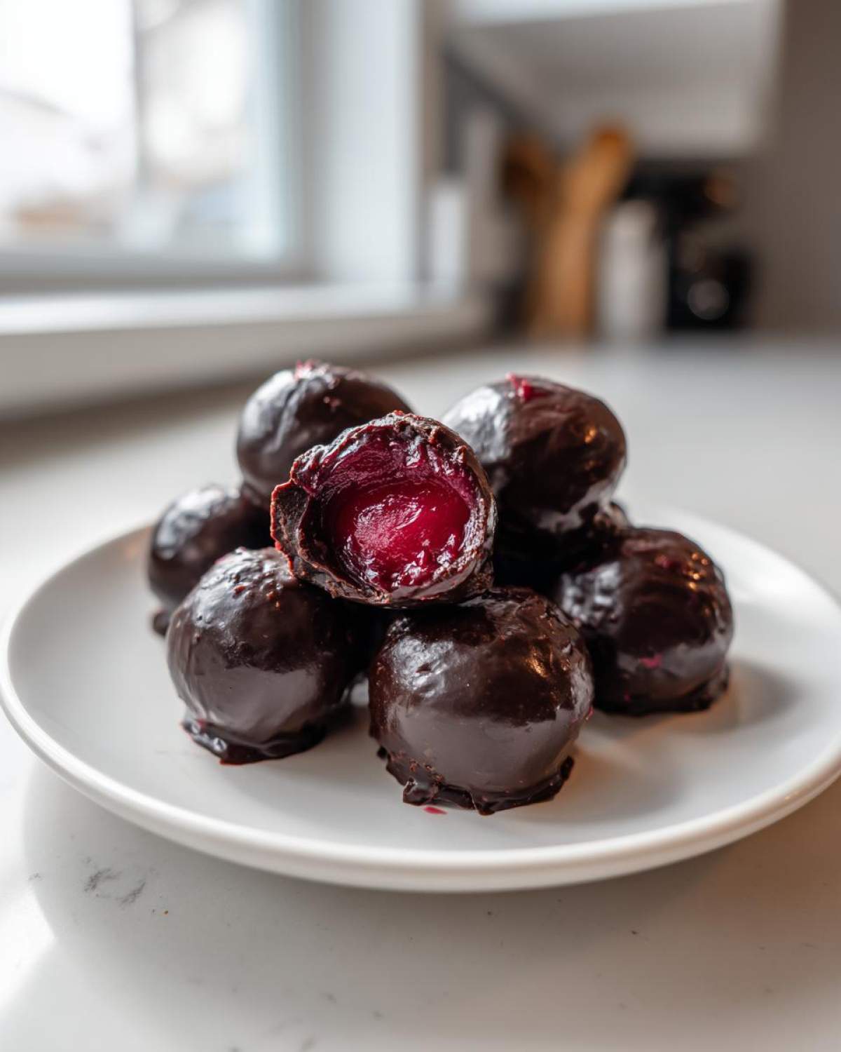 A stack of homemade chocolate covered cherries, one cut open showing the bright red cherry inside.