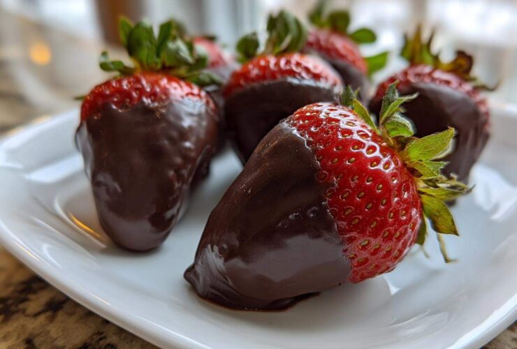 A close-up of several glossy chocolate covered strawberries arranged on a white plate.
