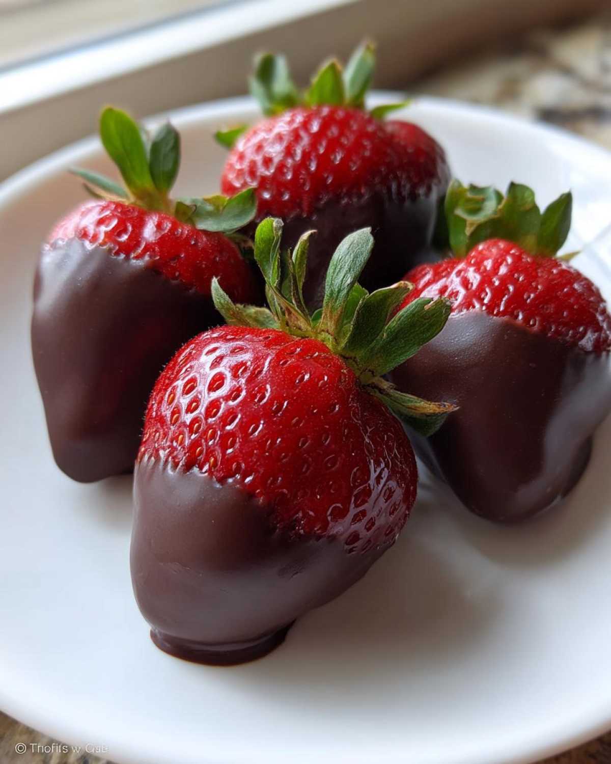 Four fresh, bright red strawberries partially dipped in rich dark chocolate, ready to eat, showcasing perfect chocolate covered strawberries.