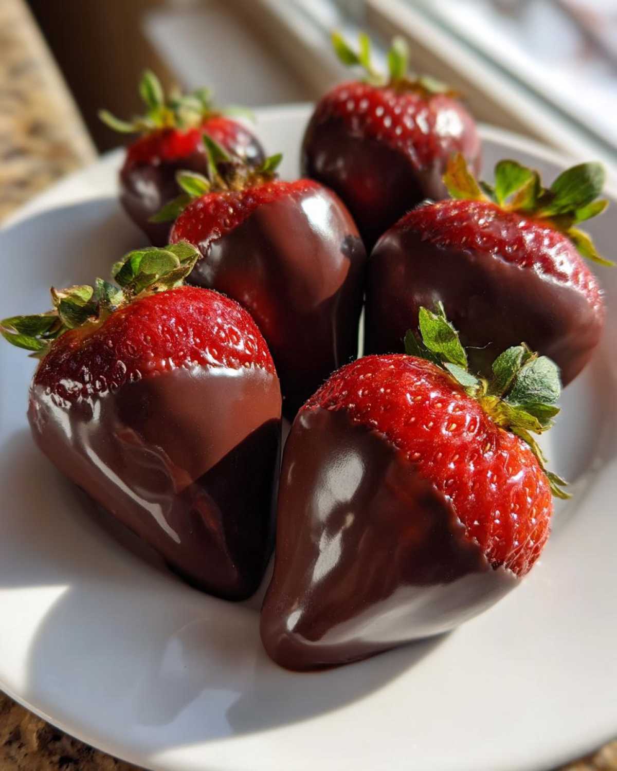 A cluster of fresh, bright red chocolate covered strawberries sitting on a white plate in natural light.