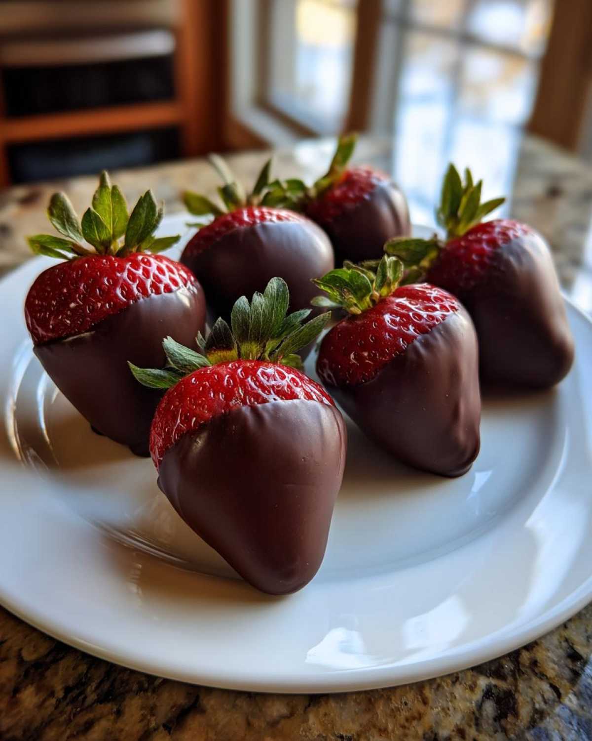 A close-up of six fresh chocolate covered strawberries arranged on a white plate.
