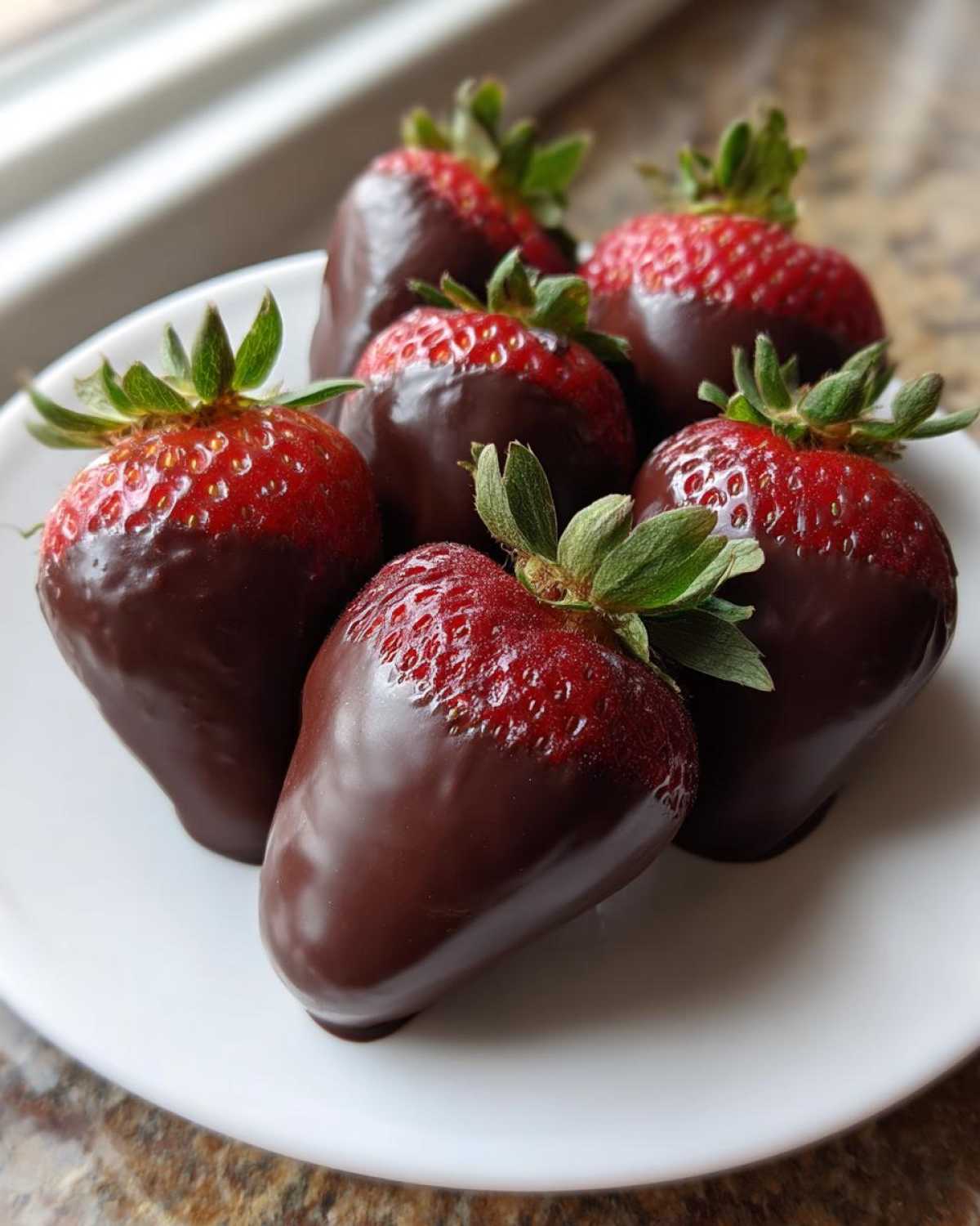 A close-up of six fresh chocolate covered strawberries arranged on a white plate.