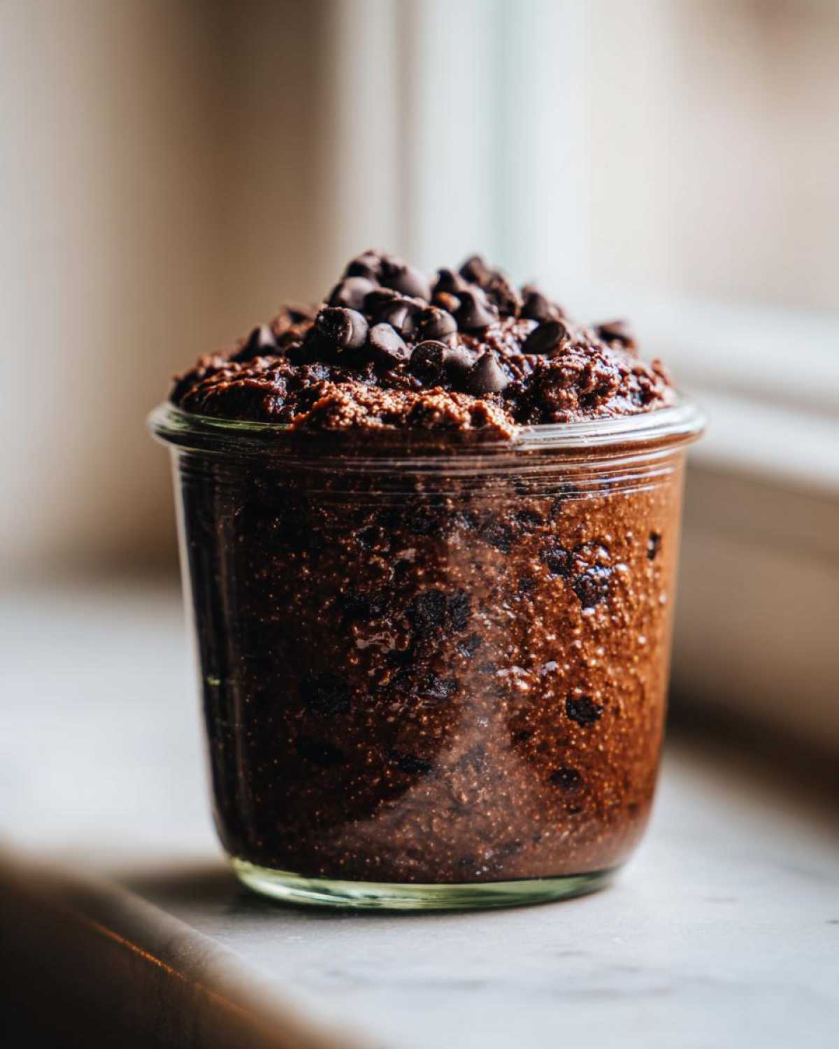 A glass jar filled with rich, dark chocolate overnight oats, topped generously with mini chocolate chips.