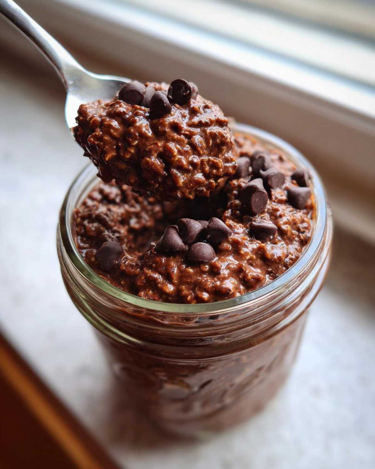 A spoonful of rich chocolate overnight oats topped with mini chocolate chips being lifted from a glass jar.