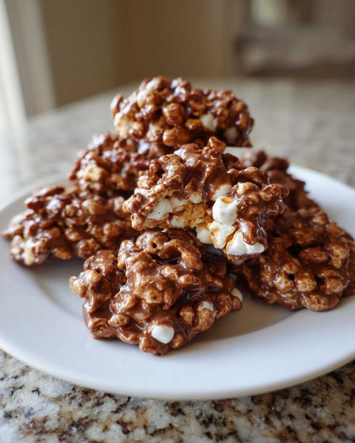 A stack of rich, chocolate-coated avalanche cookies made with popcorn and marshmallows on a white plate.